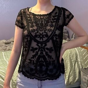 Ultra Flirt black sheer embroidered top